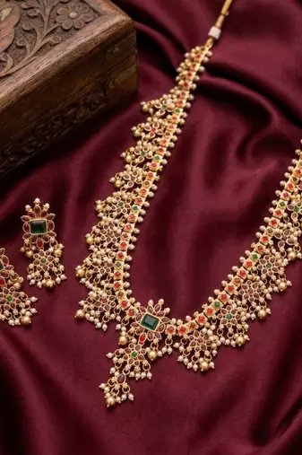antique gold south indian temple necklace set with ruby emerald stones & jhumkas for women 