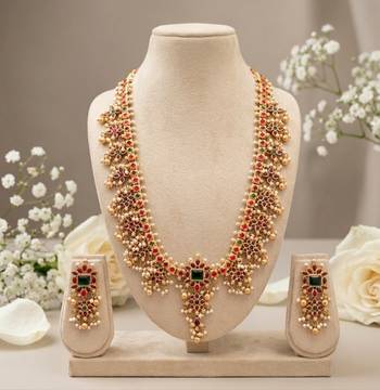 antique gold south indian temple necklace set with ruby emerald stones & jhumkas for women  3