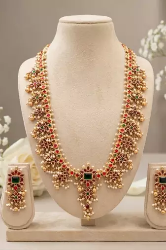 antique gold south indian temple necklace set with ruby emerald stones & jhumkas for women 