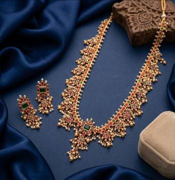 antique gold south indian temple necklace set with ruby emerald stones & jhumkas for women  4