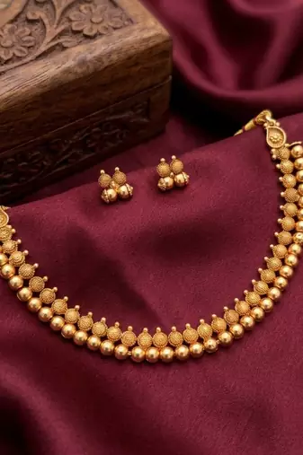 traditional antique gold plated choker necklace & earring set for women 