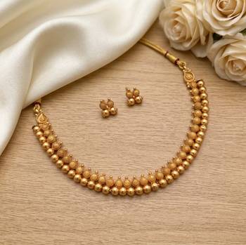 traditional antique gold plated choker necklace & earring set for women  4
