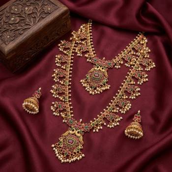 antique gold temple jewelry set: ruby green bridal long necklace  1