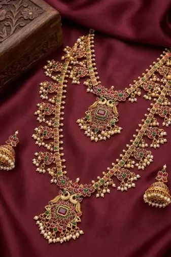 antique gold temple jewelry set: ruby green bridal long necklace 
