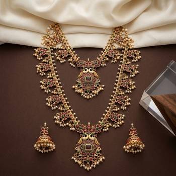 antique gold temple jewelry set: ruby green bridal long necklace  2