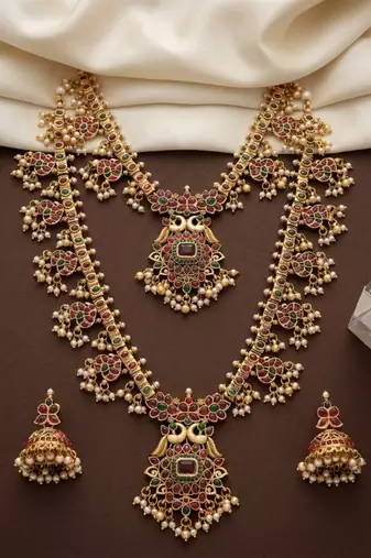 antique gold temple jewelry set: ruby green bridal long necklace 
