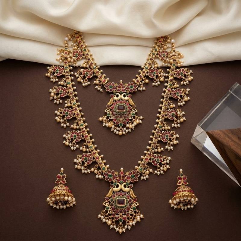 antique gold temple jewelry set: ruby green bridal long necklace 
