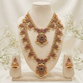 antique gold temple jewelry set: ruby green bridal long necklace  3