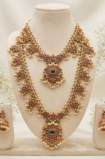 antique gold temple jewelry set: ruby green bridal long necklace 