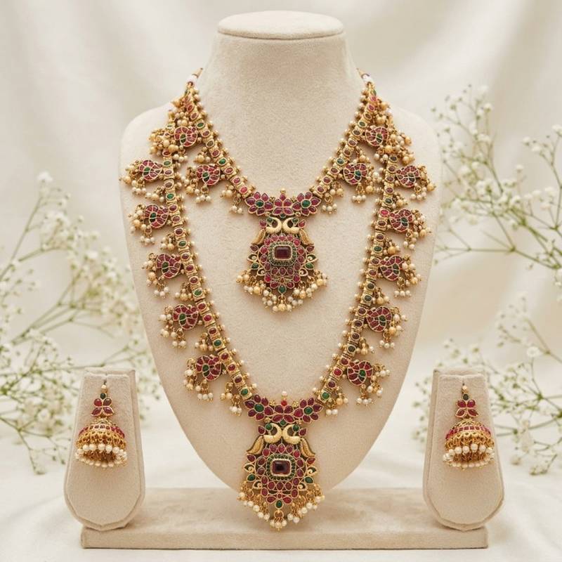 antique gold temple jewelry set: ruby green bridal long necklace 