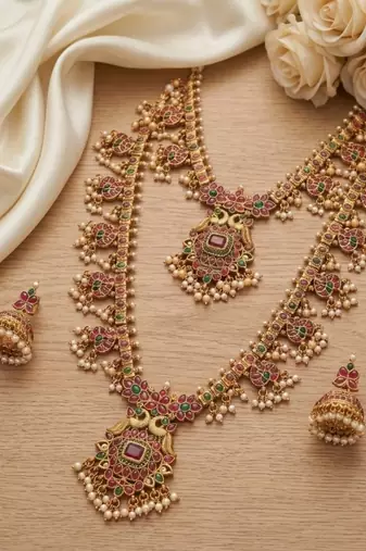 antique gold temple jewelry set: ruby green bridal long necklace 
