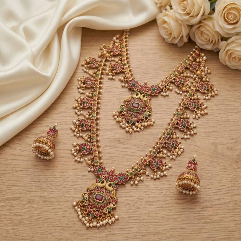 antique gold temple jewelry set: ruby green bridal long necklace 