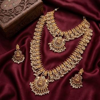 antique gold plated temple jewelry set: bridal long haram, choker necklace & earring 1