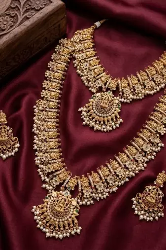 antique gold plated temple jewelry set: bridal long haram, choker necklace & earring