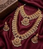 antique gold plated temple jewelry set: bridal long haram, choker necklace & earring