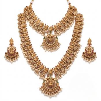 antique gold plated temple jewelry set: bridal long haram, choker necklace & earring 2
