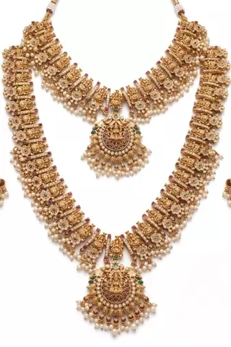 antique gold plated temple jewelry set: bridal long haram, choker necklace & earring