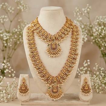 antique gold plated temple jewelry set: bridal long haram, choker necklace & earring 3