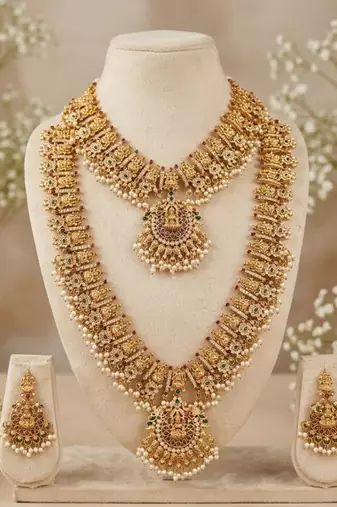 antique gold plated temple jewelry set: bridal long haram, choker necklace & earring