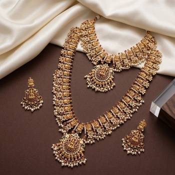 antique gold plated temple jewelry set: bridal long haram, choker necklace & earring 4