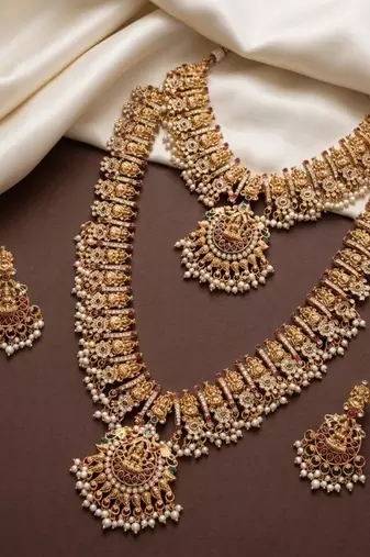 antique gold plated temple jewelry set: bridal long haram, choker necklace & earring