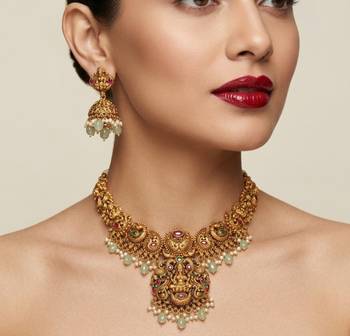 antique gold temple jewelry set: lakshmi necklace with jhumka earrings  1