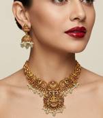 antique gold temple jewelry set: lakshmi necklace with jhumka earrings 
