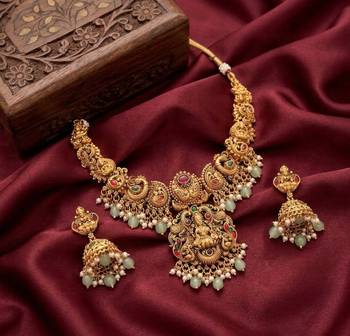 antique gold temple jewelry set: lakshmi necklace with jhumka earrings  2