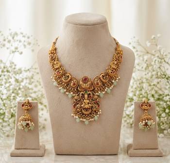 antique gold temple jewelry set: lakshmi necklace with jhumka earrings  3