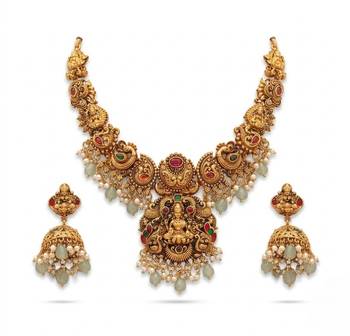 antique gold temple jewelry set: lakshmi necklace with jhumka earrings  4