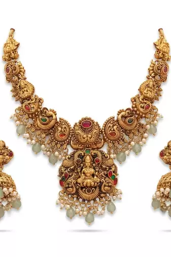 antique gold temple jewelry set: lakshmi necklace with jhumka earrings 