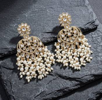 kundan pearl chandbali earrings gold plated indian wedding bridal jewelry  2