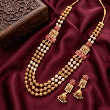 gold plated ruby pearl rani haar necklace set with jhumka earrings  1