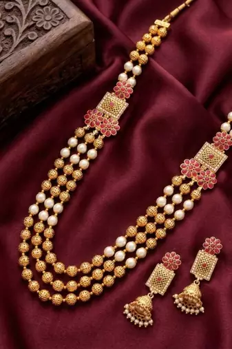 gold plated ruby pearl rani haar necklace set with jhumka earrings 