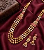 gold plated ruby pearl rani haar necklace set with jhumka earrings 