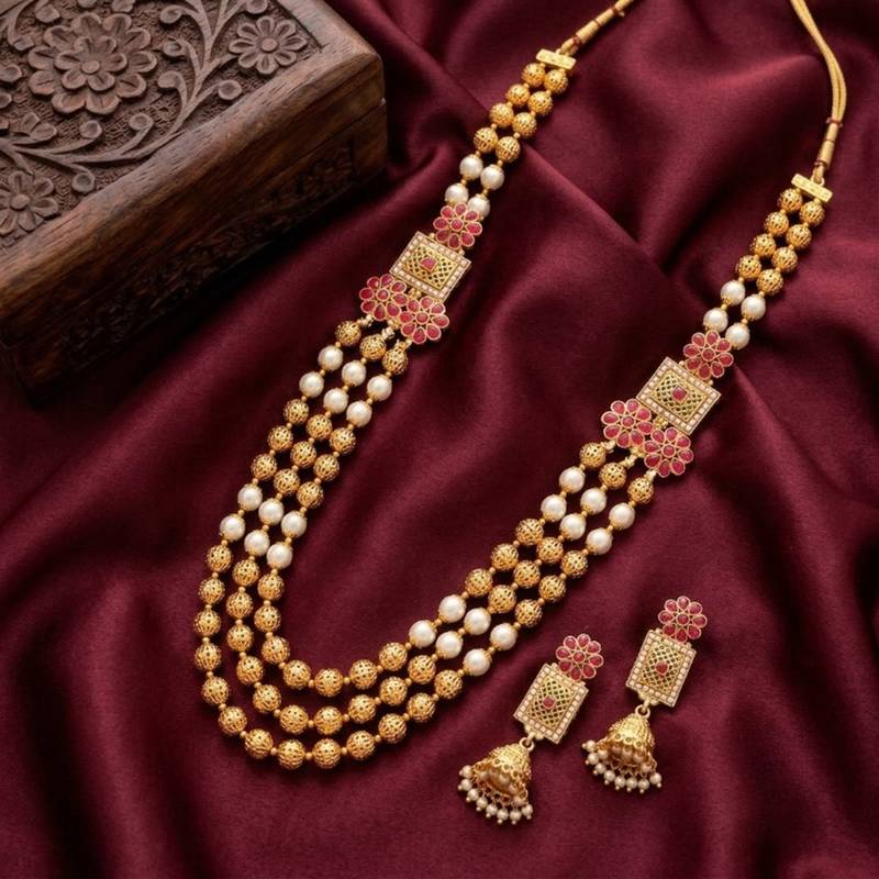gold plated ruby pearl rani haar necklace set with jhumka earrings 