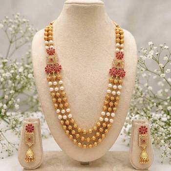 gold plated ruby pearl rani haar necklace set with jhumka earrings  2