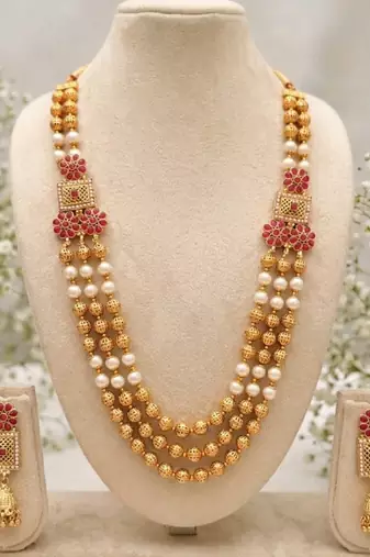 gold plated ruby pearl rani haar necklace set with jhumka earrings 