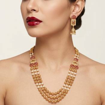 gold plated ruby pearl rani haar necklace set with jhumka earrings  3