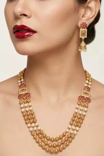 gold plated ruby pearl rani haar necklace set with jhumka earrings 