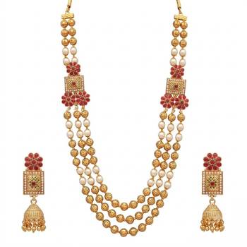 gold plated ruby pearl rani haar necklace set with jhumka earrings  4