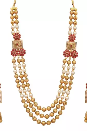 gold plated ruby pearl rani haar necklace set with jhumka earrings 