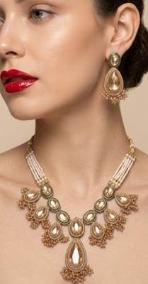 kundan polki choker necklace set with earrings & maang tikka, gold plated bridal  3