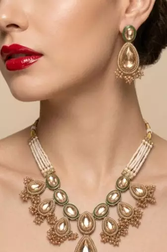 kundan polki choker necklace set with earrings & maang tikka, gold plated bridal 