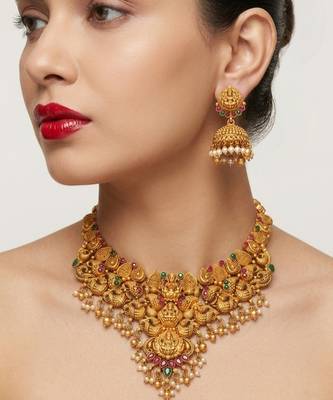 gold south indian temple choker necklace set with jhumka earrings  1