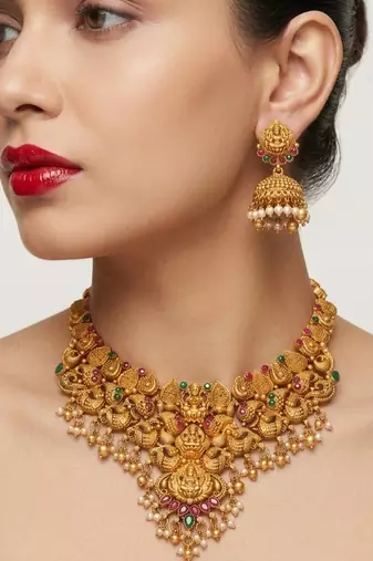 gold south indian temple choker necklace set with jhumka earrings 