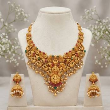 gold south indian temple choker necklace set with jhumka earrings  2