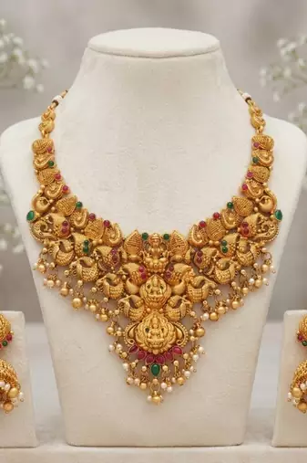 gold south indian temple choker necklace set with jhumka earrings 