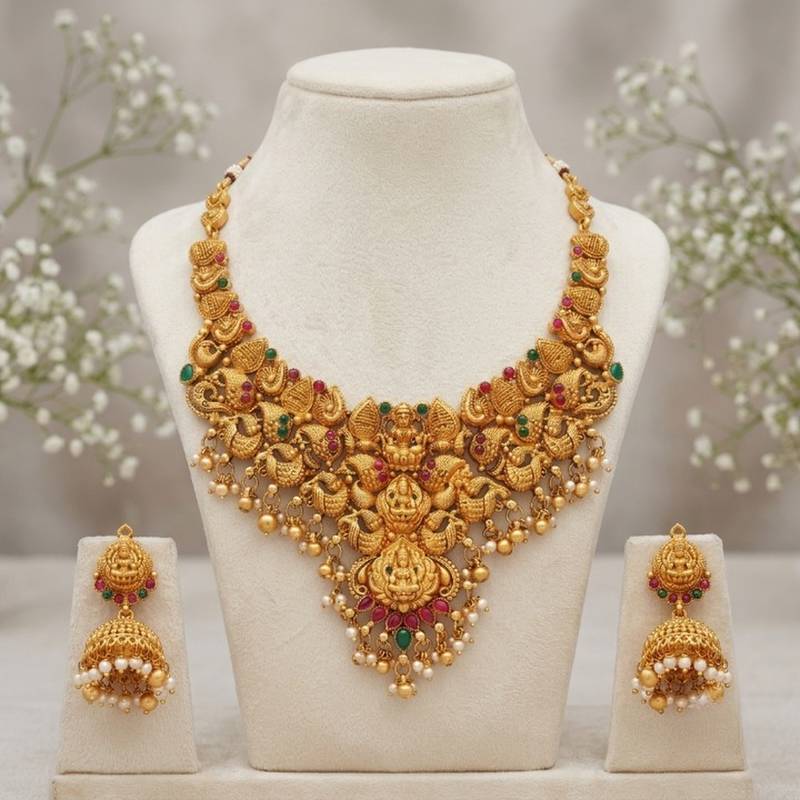 gold south indian temple choker necklace set with jhumka earrings 