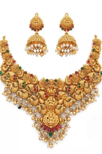 gold south indian temple choker necklace set with jhumka earrings 